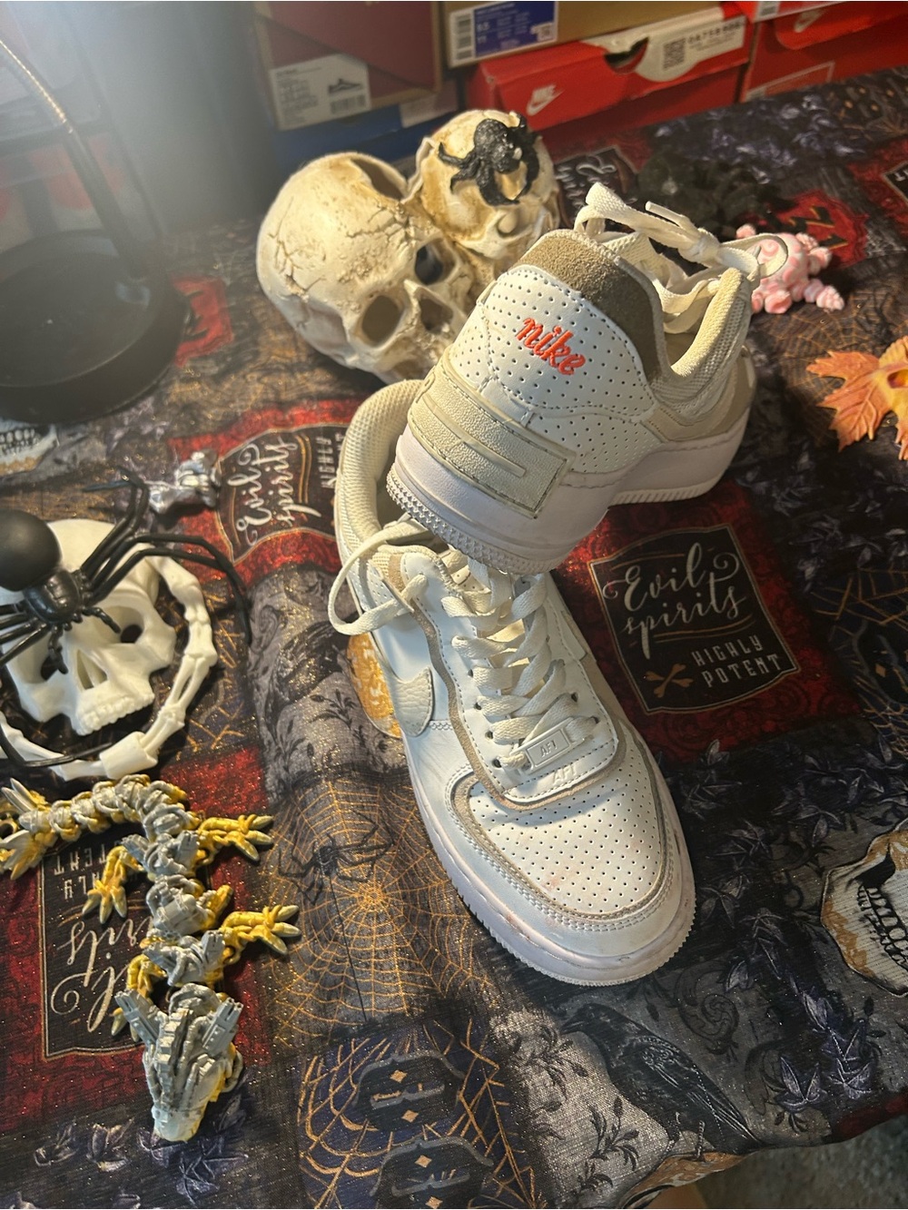 Nike White and Tan Low-Top Sneakers with Orange Logo